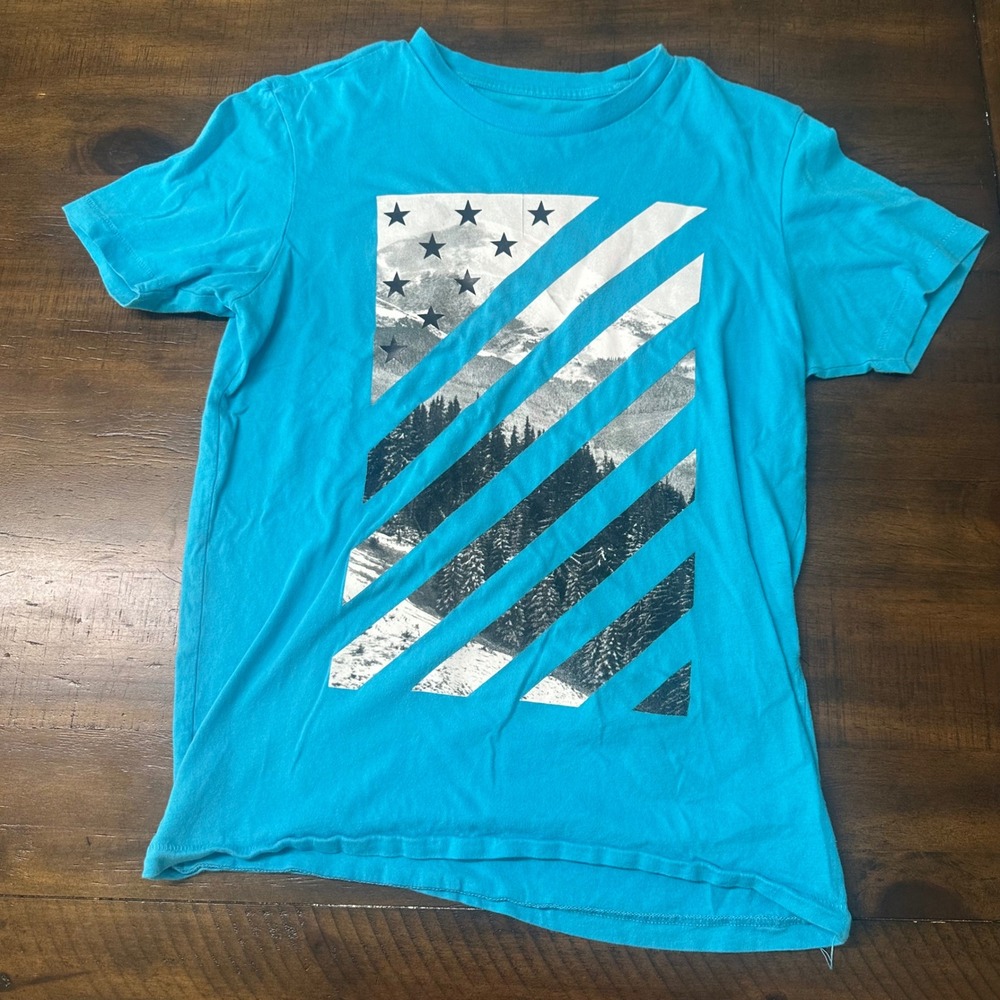 Free State Mens Turquoise Blue Mountain Flag Graphic T-Shirt XS Short Sleeve